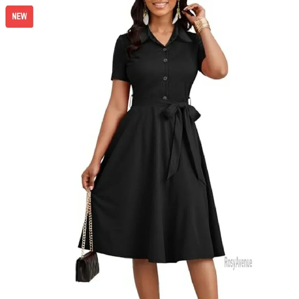 Midi V-Neck Button Dress with Pockets and Belt - Lightweight Polyester